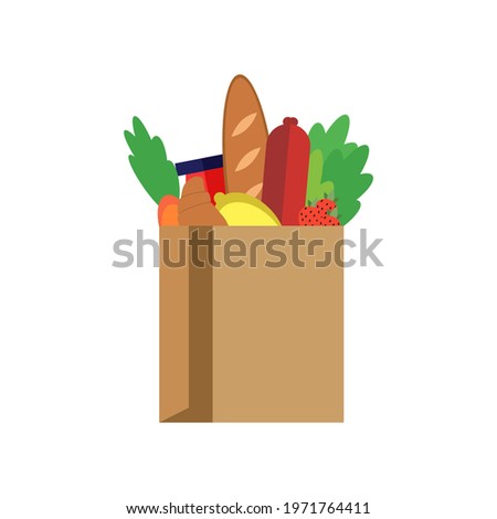  Food in a paper bag. Flat Design. Vector Illustration