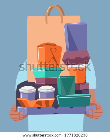 Food delivery in various packaging. Vector color illustration for design, concept for advertising.