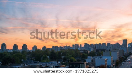 Panoramic view of Vancouver sunset golden hour