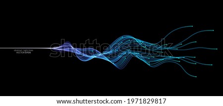 Vector abstract wavy light lines neural network purple blue and green isolated on black background in concept of technology, machine learning, A.I., 5G Royalty-Free Stock Photo #1971829817
