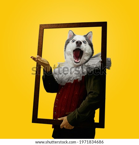 Framing. Model like medieval royalty person in vintage clothing headed by dog head on bright yellow background. Concept of comparison of eras, artwork, renaissance, baroque style. Creative collage.