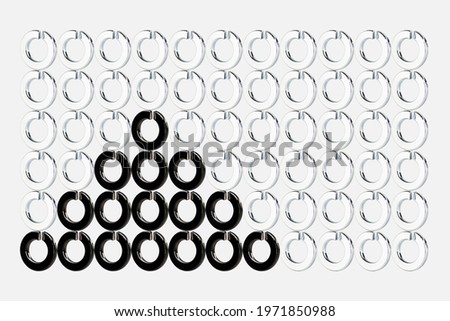 Abstract figure representing an information and data analysis chart, formed by photographs of metal washers, created by photo composition, on a white background. It represents security and growth.