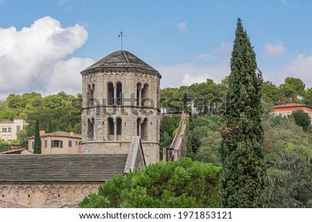 An observation tower and a city wall built in the XIX century in the vicinity of the historical center of Girona (Spain). Stock Photo
