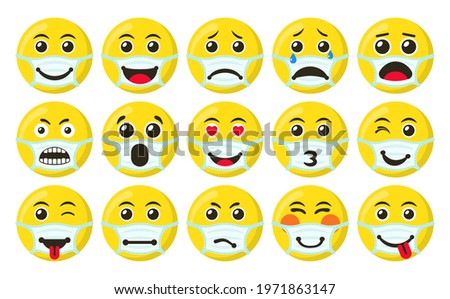 Set of Yellow Smiles icons with medical masks, flat vector illustration, for graphic and web design