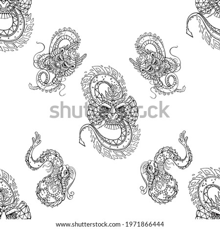 Seamless pattern of hand drawn sketch style abstract dragons isolated on white background. Vector illustration.