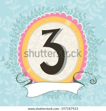 Cute design of number with floral wreath and ribbon banner. Can be used as creating card, invitation card for wedding,birthday and page of calendar. On of set. 