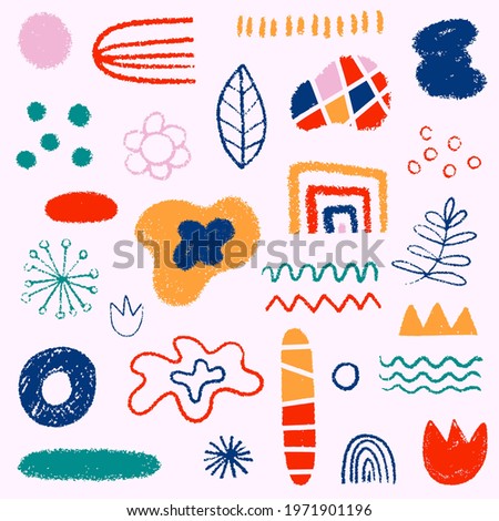 Scandinavian boho stickers and shapes - pencil texture.Abstract and botanical doodles.A set of texture content elements-postcards, posters, posters, interiors, social media.Big isolated freeforms set