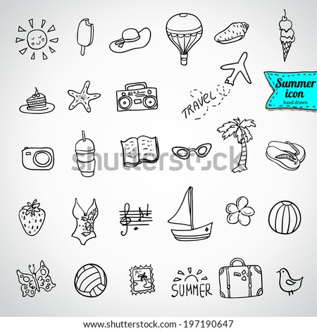 Set of  vector doodle summer icons,  vector illustration hand drawn