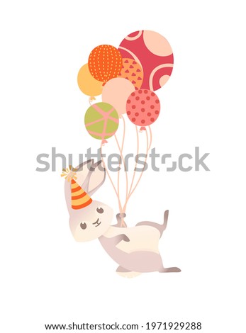Cute gray bunny with cone hat flying on balloons cartoon animal design vector illustration on white background