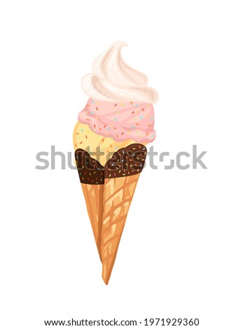 Ice cream cone with chocolate and powder vector illustration isolated on white background