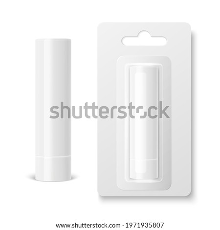 Vector Realistic 3d White Blank Closed Lip Balm Stick, Hygienic Lipstick and Blister Packaging Set Isolated. Design Template for Graphics, Vector Mockup. Cosmetic, Beauty, Makeup Concept. Front View Royalty-Free Stock Photo #1971935807