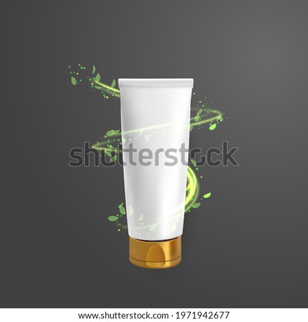 Organic skin care cream white package tube mockup with golden cap with natural green wavy shiny line effect on dark background. Vector eps10