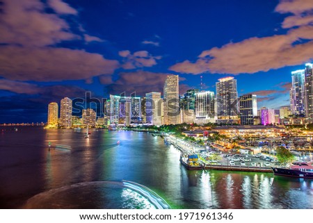 Downtown Miami skyline from Port Boulevard at night, Florida.