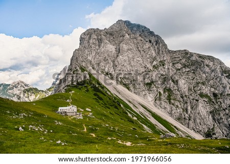 Kamnik saddle in logar valley, Slovenia, Europe. Hiking  in savinja Alps and Slovenia mountain. Popular site for a hike in triglav national park Royalty-Free Stock Photo #1971966056