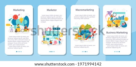 Marketing mobile application banner set. Business promotion educational school course, customer communication and product advertising through social networks. Flat vector illustration