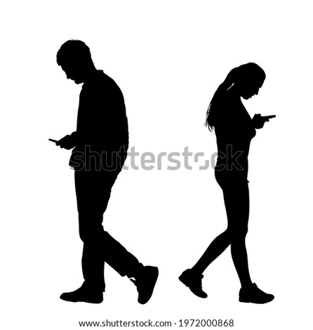 Boy and girl talking and watch on phone, separated with their back to back vector silhouette. Sad breakup couple wait for partners call. Teenagers love trouble conflict, suspicion of fraud adultery. Royalty-Free Stock Photo #1972000868