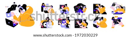 Programming Illustration Set. Different characters working on web and application development on computers. Software developers. Flat vector style illustrations. Royalty-Free Stock Photo #1972030229