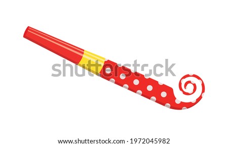 Party horn isolated on white background. Unrolling red polka dot blower. Noisemaker side view. Sound whistle for birthday celebration. Vector cartoon illustration. Royalty-Free Stock Photo #1972045982