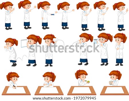 Set of a scientist girl doing different experiment illustration