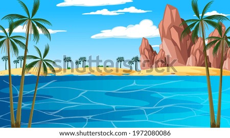 Tropical beach landscape scene at day time illustration
