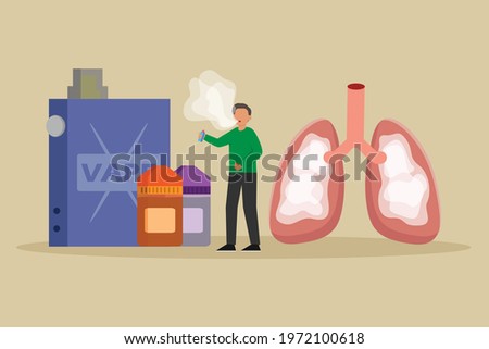 Vaping vector concept. Man enjoying vape with smoke inside lungs