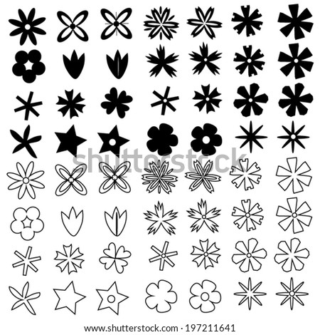 Set of flat flower icons in silhouette isolated on white. Simple retro designs in black and white. Seamless background pattern for gift wrapping paper, textiles, wallpaper.
