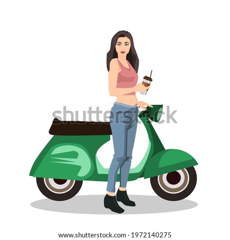 A beautiful girl holding coffee and standing beside a scooter.Vector illustration isolated on white background.Eco transport.Cute design for t shirt print, icon, logo, label, patch or sticker.