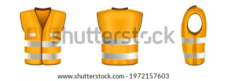 Orange safety vest with reflective stripes, uniform for construction works, drivers and road workers. Vector realistic 3d waistcoat with reflectors and pockets in front, back and side view Royalty-Free Stock Photo #1972157603