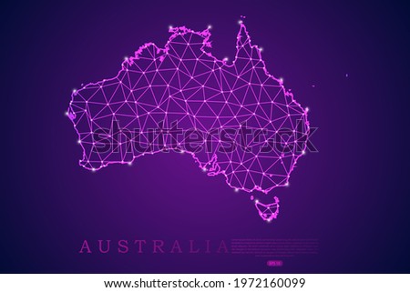 Australia Map mash line and point scales on purple technology background. Wire Frame 3D mesh polygonal network line, design sphere, dot and structure -  Vector illustration eps 10.