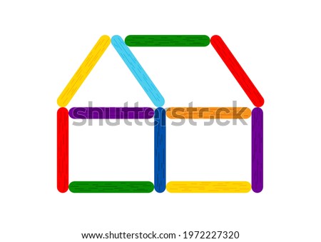 Rainbow color popsicle stick house for kids game. Stick for preschool child developing activity and education, color matching, math game with wooden texture. Flat cartoon vector clip art illustration.
