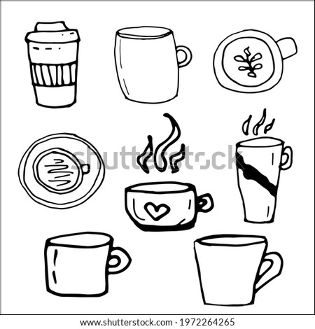 Set of tea and coffee mugs, simple doodles style drawings, coffee cup, tea mug, use for postcard design, business cards, decoration and gift packaging