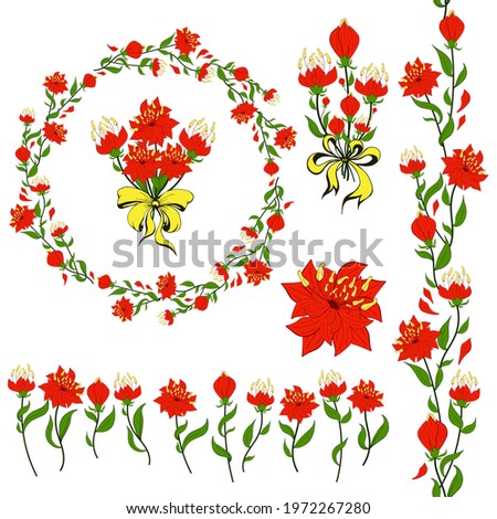 Stylized fantasy flowers, seamless border brush, wreath, bouquet сlip art set. Assorted floral elements template collection isolated on white. Miscellaneous botanic objects pack for greeting card