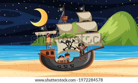 Beach with Pirate ship at night scene in cartoon style illustration