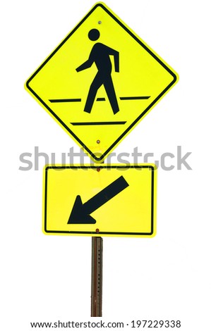 Crosswalk sign with a man walking on yellow flash isolated on white background