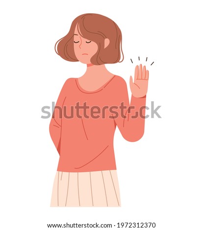 A woman holding out her palm and expressing rejection. Vector illustration of a person making a rejection gesture. Royalty-Free Stock Photo #1972312370