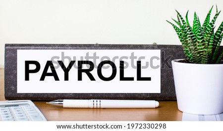 On a wooden table there is a folder for documents with a PAYROLL dough, a green plant in a pot, a pen and a calculator. Business concept.