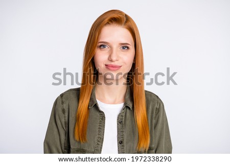 Portrait of attractive cheery content red haired girl wearing casual isolated over white light color background