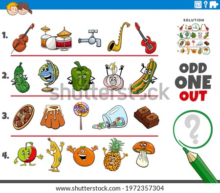 Cartoon illustration of odd one out picture in a row educational task for elementary age or preschool children with comic characters Royalty-Free Stock Photo #1972357304