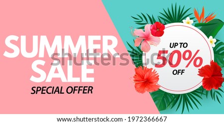 Summer sale poster. Natural Background with Tropical Palm and Monstera Leaves, exotic flower. Vector Illustration EPS10