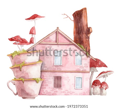 Pink house facade. Overgrown fungi in big vintage cups. Watercolor illustration clip art. Illustration for post card, souvenirs and wall art. Cute pink house