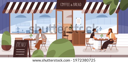 People drinking coffee on cafe terrace in summer. City bakery building with street tables and chairs. Women resting outside cafeteria. Colored flat vector illustration of customers in coffeehouse Royalty-Free Stock Photo #1972380725