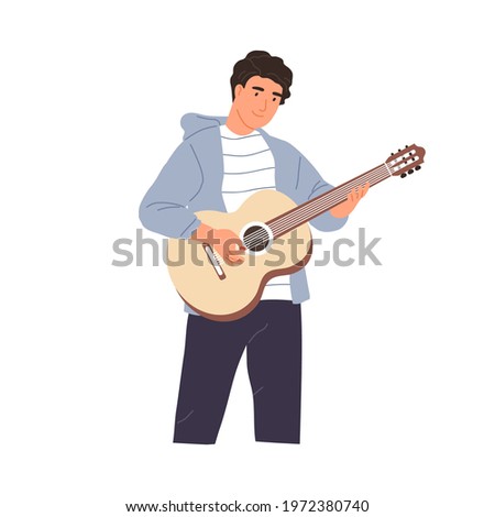 Young musician performing music on acoustic guitar. Happy guitarist standing and playing romantic melody. String instrument player. Colored flat vector illustration isolated on white background