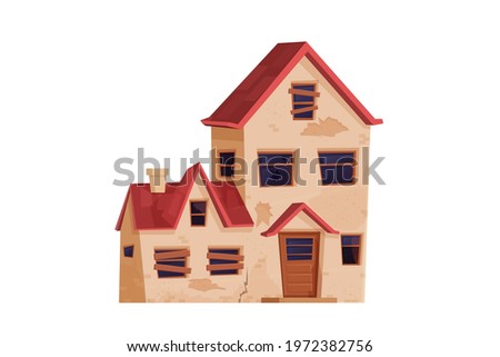 Old abandoned house, building in cartoon style isolated on white background. Broken property, wooden doors and windows with holes.