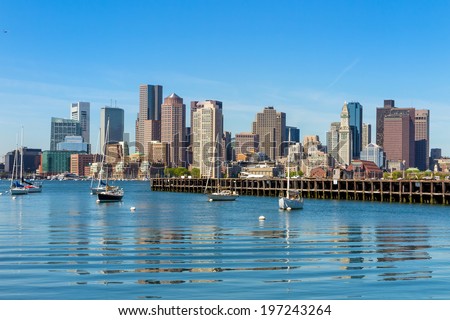 Boston skyline seen from Piers Park, Massachusetts, USA