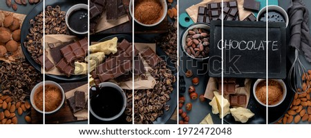 Collage of delicious chocolate bars and pieces on gray background. 
