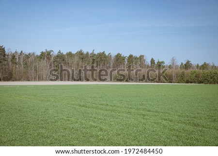 Wide angle shot of a rural countryside farm landscape with layers of fields, trees, soil and a blue sky