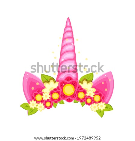 Unicorn tiara  with different flowers, ears and horn. Pink unicorn horn   vector illustration in a cartoon flat style isolated on white background.