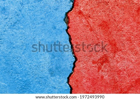 Abstract Bipartisan politics election conflicts concept, grunge blue vs red colors on cracked wall background, e.g., USA, UK or EU political parties disagreement competition relationship wallpaper