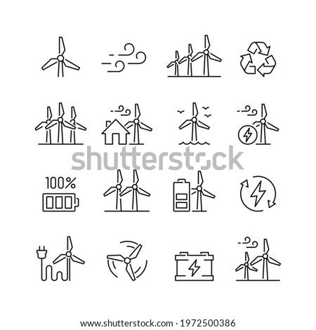 Wind turbine related icons: thin vector icon set, black and white kit Royalty-Free Stock Photo #1972500386