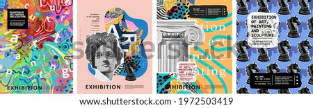 Art posters for the exhibition of painting, sculpture and music. Vector illustration of abstract background, roman column, greek sculpture, chess horse pattern for magazine or cover Royalty-Free Stock Photo #1972503419